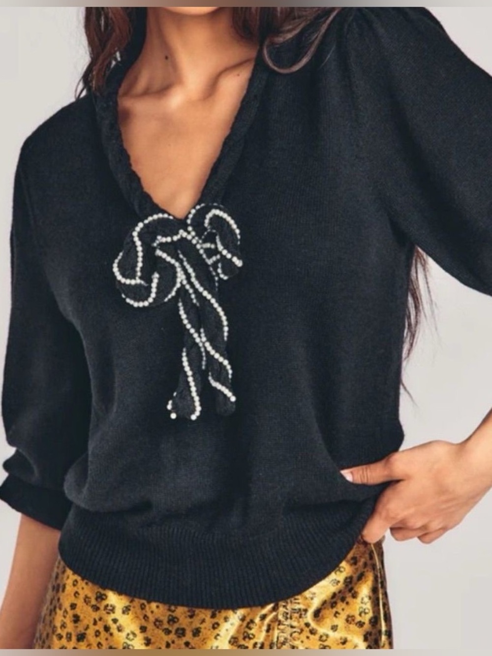 LoveShackFancy Lenora Black V-Neck Sweater with Pearl Bow Detail size medium